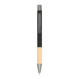 A metal pen with a sleek design featuring a black grip and a natural bamboo barrel. It has a branding logo.