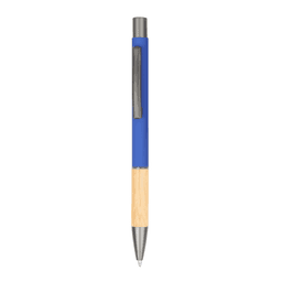 A metal pen with a blue barrel and bamboo grip, featuring a clip and silver tip. It has a logo on the side.