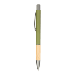 A metal pen featuring a green barrel, bamboo grip, and silver accents. It includes a clip and branding on the barrel.