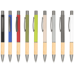 A collection of metal pens in black, blue, red, green, beige, grey, and white with bamboo accents, featuring clips and branding.
