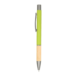 A metal pen with a bright green barrel and a bamboo lower section, featuring a clip and a logo.