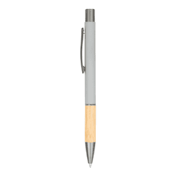 A metal pen with a grey upper section and a bamboo lower section, featuring a silver clip and tip.