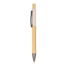 A wooden pen featuring a bamboo body and a light-coloured grip with a black clip and tip.