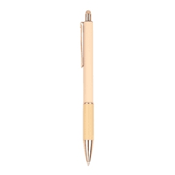 A wooden pen in a creamy white colour with gold accents and a clip. It features a sleek, minimalistic design.
