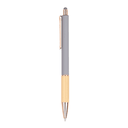 A wooden pen with a gold and grey design, featuring a shiny gold clip and tip. It has a logo on the barrel.