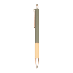 A wooden pen in olive green with a gold accent. It features a sleek design and a logo on the barrel.