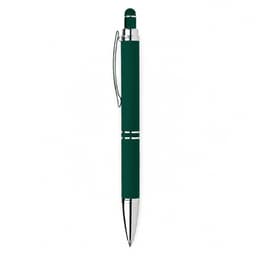 A green pen with a shiny silver clip and a metallic tip, featuring a sleek design. It also has a branding logo.