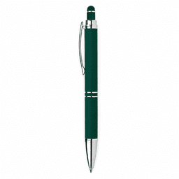 A dark green aluminium pen with a silver accent and a stylus tip at the end. The pen features a clip and branding.