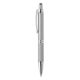 A silver pen with a textured grip and a clip; it has a sleek and modern design.