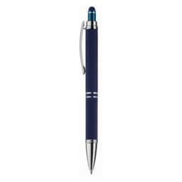 A blue pen with a sleek design and silver accents, featuring a clip and a textured grip.