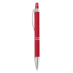 A red pen with a sleek design, featuring a chrome clip and accents. It has a rounded tip and a comfortable grip.