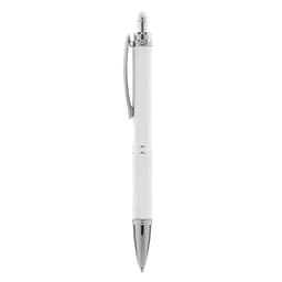 A white pen with chrome accents and a clip, featuring a sleek design and a shiny finish.