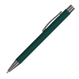 A green aluminium pen with a silver clip and tip, featuring a sleek design and a branding logo.