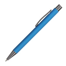 A blue aluminium pen with a matte finish and a silver clip. It features a logo near the top.
