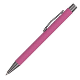 A pink aluminium pen with a silver clip and a smooth finish. The pen features a sleek design and branding.