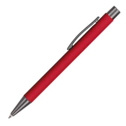 A red aluminum pen with a silver clip and tip, featuring a sleek design and branding.