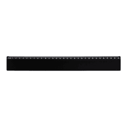A black ruler featuring measurement markings along one edge and a logo on the surface.