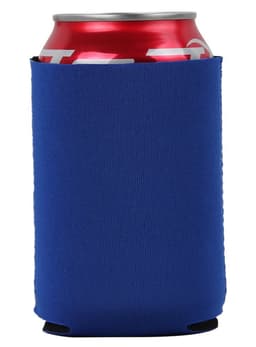 A drink can is wrapped in a blue neoprene stubby holder, featuring a logo.