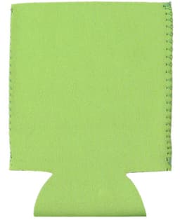 A green neoprene stubby holder with a stitched edge and a cut-out base, featuring a logo.