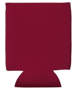 A maroon neoprene stubby holder with a base and sides designed to fit around drink bottles. It has a logo.