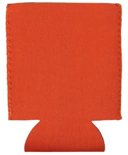 An orange collapsible neoprene stubby holder with a base cutout and stitched edges. It features a logo.