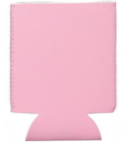 A pink neoprene stubby holder with a fitted base and an embossed logo.
