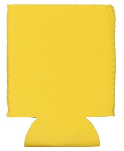 A yellow neoprene stubby holder with a bottom cut-out and stitched edges, featuring a logo.