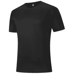A black t-shirt with short sleeves and a round neckline, featuring a logo on the chest.