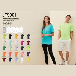 A display of Saharah dryfit tee shirts in various colours, featuring a model in a turquoise shirt and another in a neon green shirt.