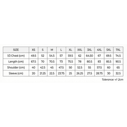 A measurement chart for the "Saharah dryfit tee shirt" displaying sizes, chest width, length, shoulder, and sleeve measurements.