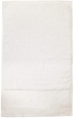 A white bath towel featuring a plush texture, with a smooth band at one end and a subtle branding logo.