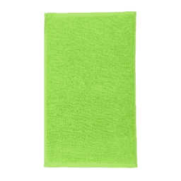 A bright green gym towel with a textured surface, featuring a logo at one corner.