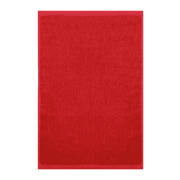 A red gym towel featuring a textured surface, with a simple design and a logo.