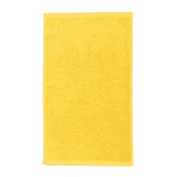 A bright yellow gym towel featuring a textured surface and a simple design, with a logo.