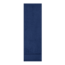 A navy blue gym towel with a textured surface and a border at one end, featuring a logo.