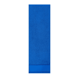 A blue gym towel with a soft texture and contrasting bottom strip. It features a branding logo.
