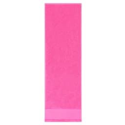A pink gym towel with a soft texture and a branding logo at the bottom.