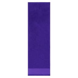 A purple gym towel featuring a solid colour design and a logo at one end. Ideal for leisure and outdoor activities.