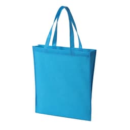 A blue non-woven tote bag with two handles and a blank front, featuring a logo.