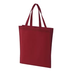 A red non-woven tote bag with two sturdy handles and a simple, clean design. It features a logo.