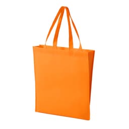 An orange non-woven tote bag featuring two handles and a simple design. It includes a logo on the side.