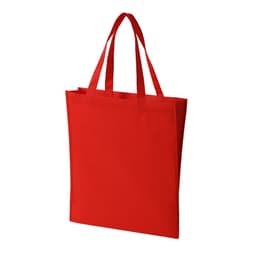 A red non-woven tote bag with two handles and a plain design, featuring a branding logo.
