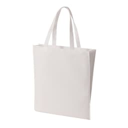 A white non-woven tote bag with two handles and a simple design, featuring a logo.