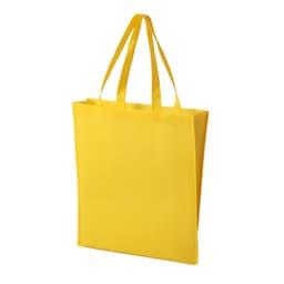 A yellow non-woven tote bag with two handles and a simple design, featuring a logo on one side.