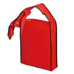 A red tote bag with a black trim and a handle, designed for carrying items.