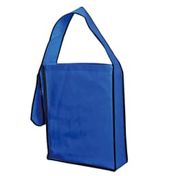 A blue shoulder bag with a single strap and contrasting black edging, featuring a simple, rectangular design.