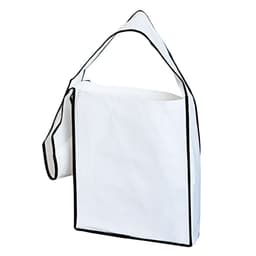 A white tote bag with black trim and a shoulder strap, featuring a simple and modern design.
