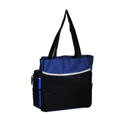 A black and blue tote bag with a side pocket, featuring a drink bottle. The bag has two long handles.