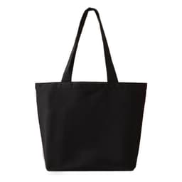 A tote bag in black colour with two straps and a simple design. Features branding on one side.