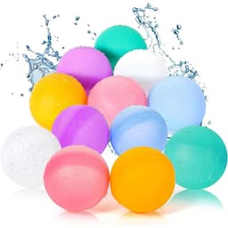 A collection of colourful water balls in purple, pink, blue, green, white, and orange, with droplets of water on them.